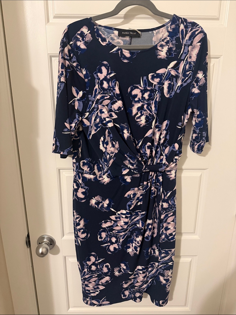 Ivanka Trump Navy and Light Pink Floral Faux-Wrap Midi Dress